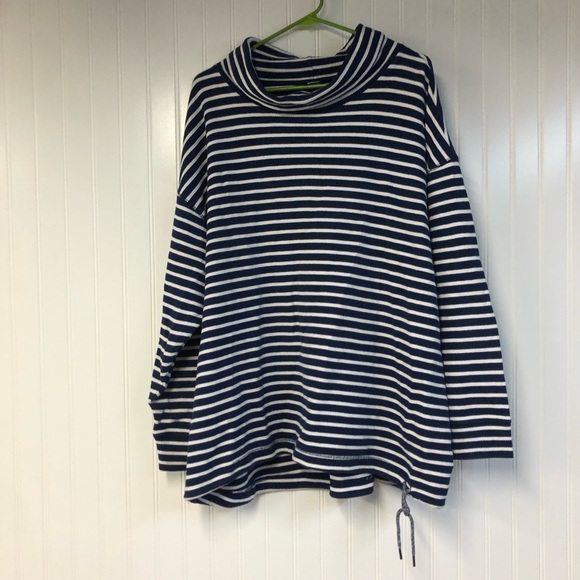 Lands End Striped Navy and White Pullover Waffle Knit Sweatshirt 2X Cowlneck - Picture 1 of 4